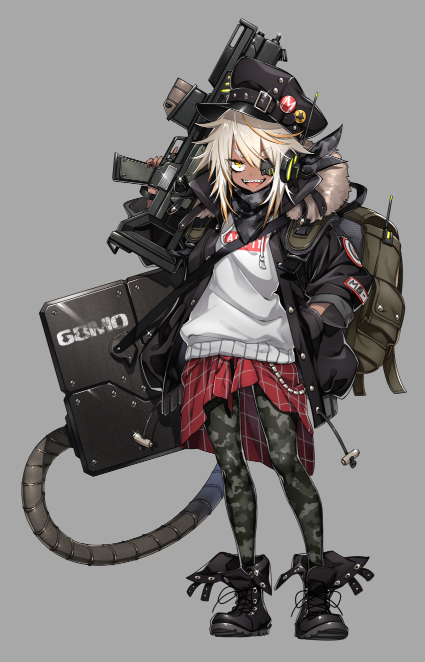 1girl :d assault_rifle backpack bag black_footwear black_jacket boots camouflage checkered checkered_skirt clothes_writing commentary dark_skin eyebrows_visible_through_hair eyepatch full_body grey_background gun hand_in_pocket headphones highres holding holding_gun holding_weapon hood hoodie jacket long_sleeves looking_at_viewer one_eye_covered open_clothes open_jacket open_mouth original pantyhose pleated_skirt radio red_skirt rifle sharp_teeth simple_background skirt smile solo standing teeth thick_eyebrows trigger_discipline weapon westxost_(68monkey) yellow_eyes