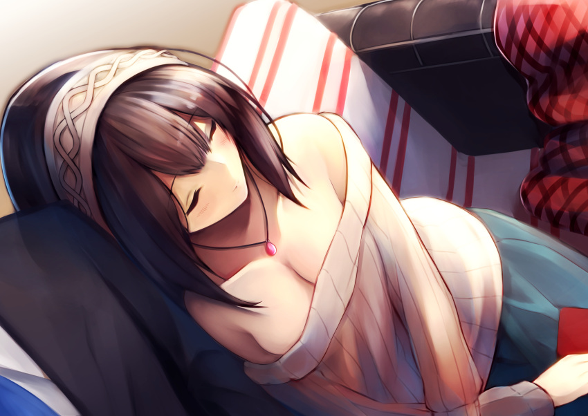 1boy 1girl absurdres black_hair book breasts cleavage closed_eyes commentary_request couch dutch_angle formal hairband highres holding holding_book idolmaster idolmaster_cinderella_girls jewelry leaning_on_person long_hair megurumiru necklace necktie off-shoulder_sweater pendant ribbed_sweater sagisawa_fumika shawl sitting sleeping suit sweater