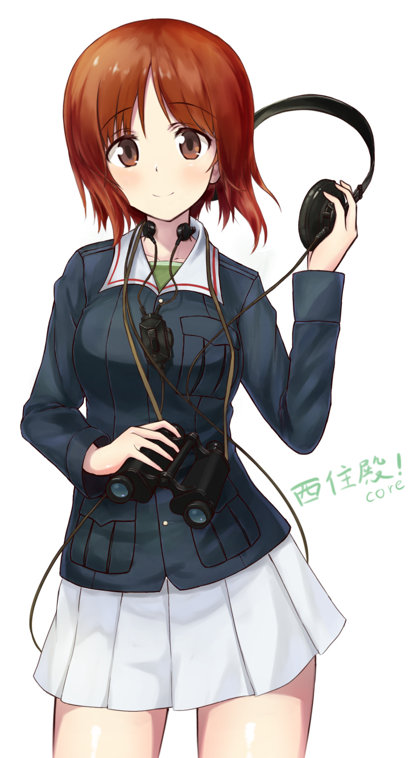 1girl absurdres bangs binoculars blue_jacket brown_eyes brown_hair closed_mouth commentary core_(pusn3354) cowboy_shot eyebrows_visible_through_hair girls_und_panzer green_shirt headphones highres holding jacket long_sleeves looking_at_viewer military military_uniform miniskirt nishizumi_miho ooarai_military_uniform pleated_skirt shirt short_hair simple_background skirt smile solo standing throat_microphone uniform white_background white_skirt