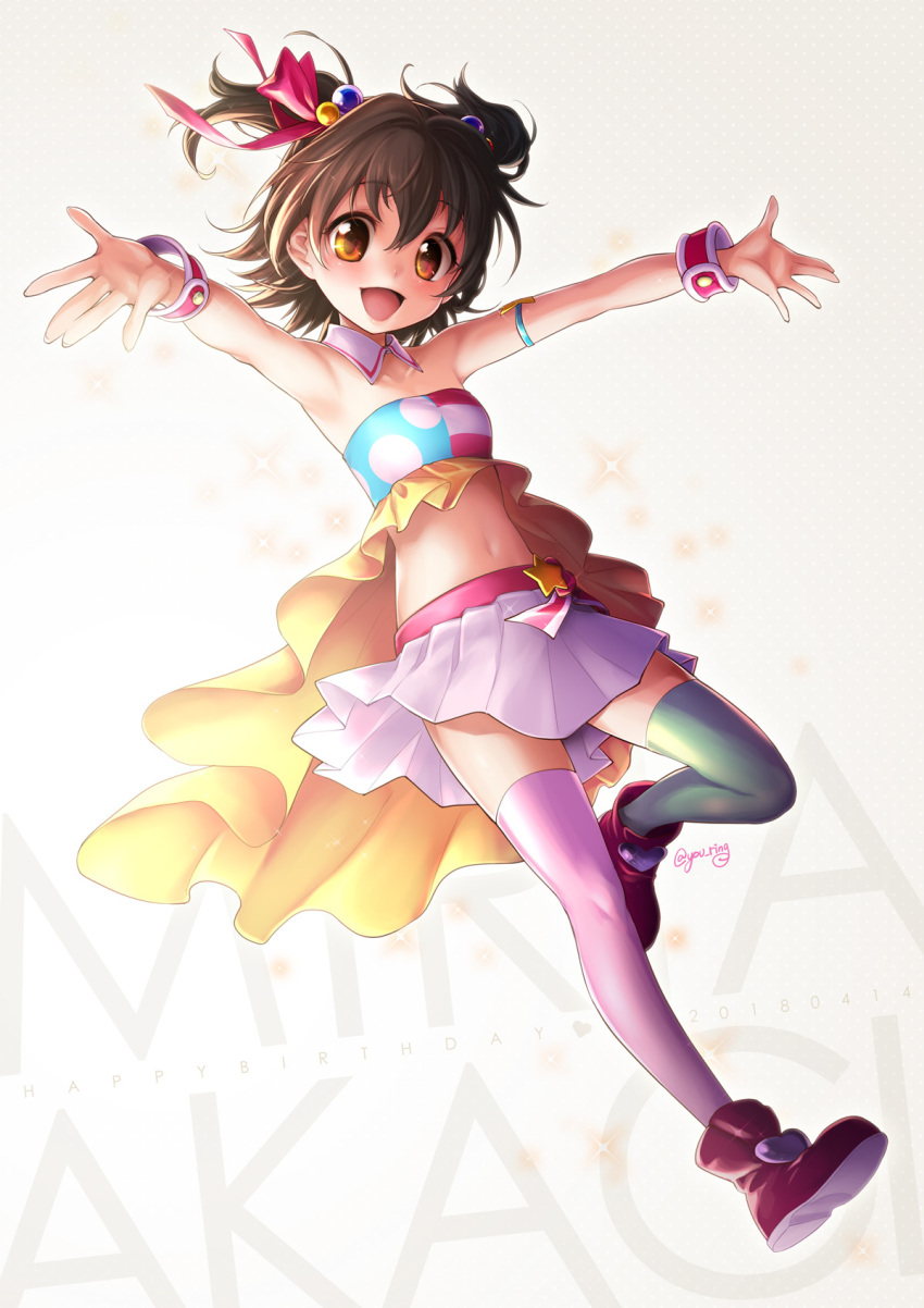 1girl akagi_miria armlet armpits bare_shoulders black_hair blush brown_eyes character_name commentary_request crop_top detached_collar green_legwear hair_bobbles hair_ornament hair_ribbon happy_birthday highres idolmaster idolmaster_cinderella_girls kitano_tomotoshi looking_at_viewer mismatched_legwear navel open_mouth outstretched_arms pink_legwear pleated_skirt ribbon short_hair signature skirt smile solo spread_arms thigh-highs twintails two_side_up white_skirt
