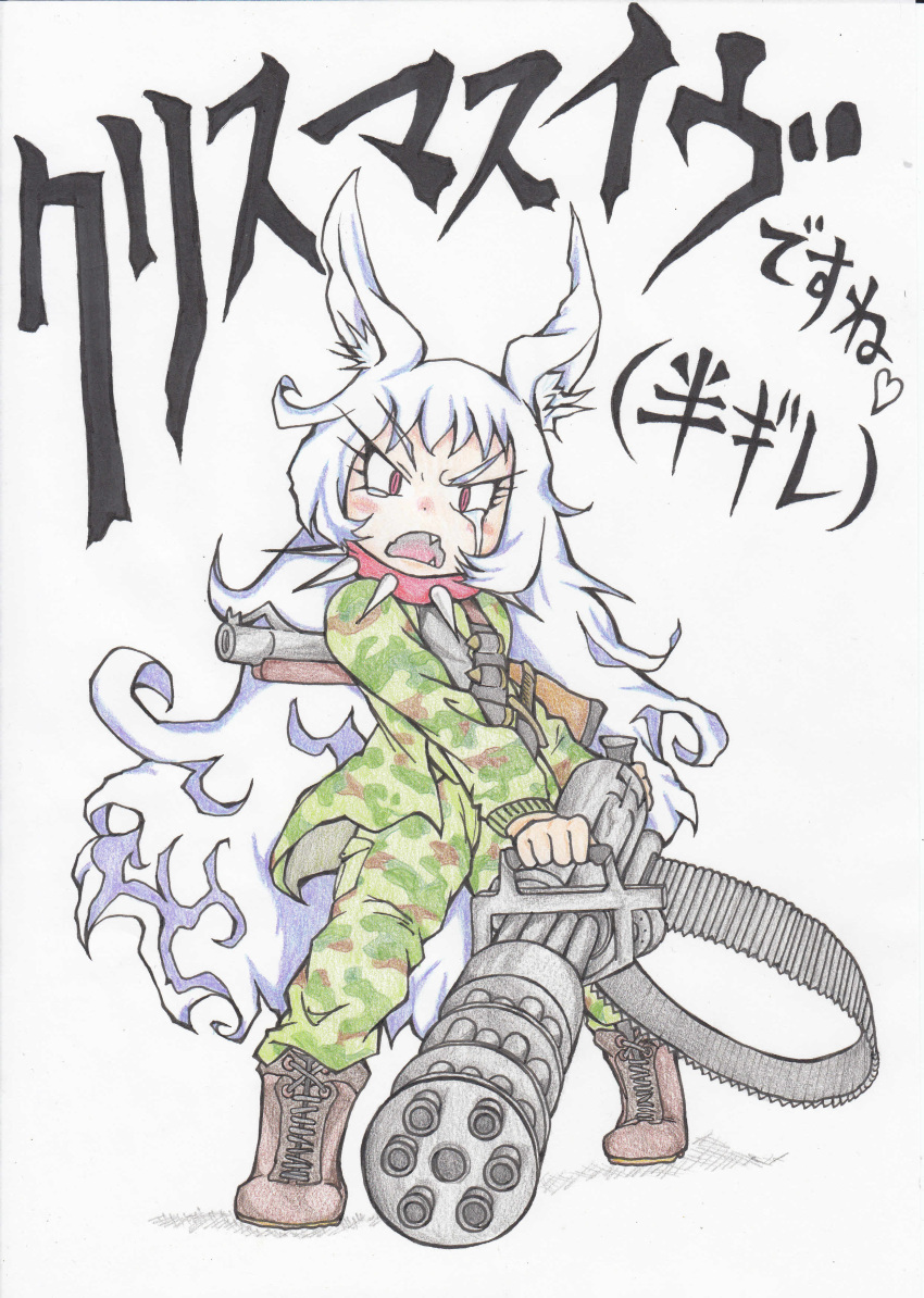 1girl absurdres animal_ears brown_footwear camouflage camouflage_pants collar commentary_request dog_child_(doitsuken) dog_ears doitsuken fang frown gatling_gun green_jacket green_pants grenade_launcher gun highres holding holding_gun holding_weapon jacket long_hair open_mouth original pants red_eyes silver_hair slit_pupils spiked_collar spikes tears traditional_media translation_request very_long_hair vest weapon