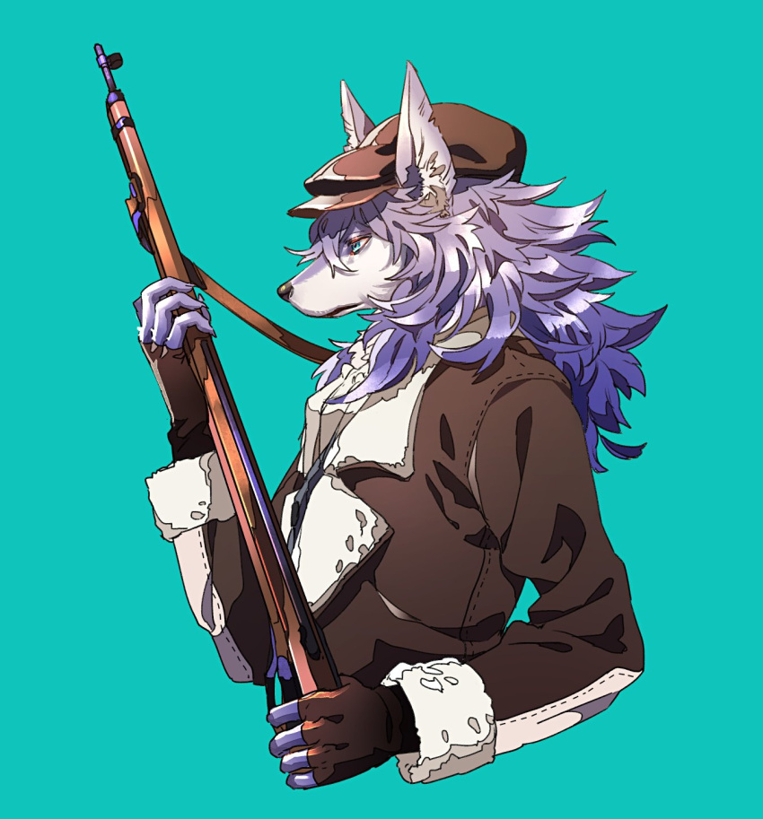 1boy blue_background brown_gloves brown_hat brown_jacket closed_mouth commentary_request copyright_request fingerless_gloves from_side furry gloves green_eyes gun hand_up hat highres holding holding_gun holding_weapon jacket long_hair male_focus purple_hair rifle simple_background solo tenobe upper_body weapon wolf