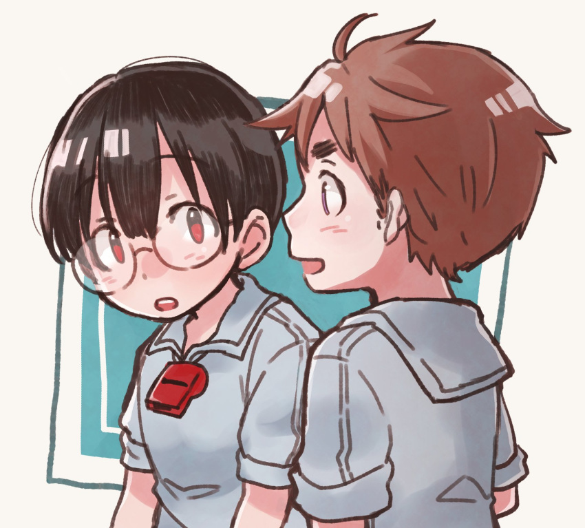 2boys black_hair brown_hair child commentary_request eye_contact glasses highres looking_at_another made_in_abyss multiple_boys natt_(made_in_abyss) parted_lips red_eyes shiggy_(made_in_abyss) short_sleeves usuki_(usukine1go) violet_eyes whistle