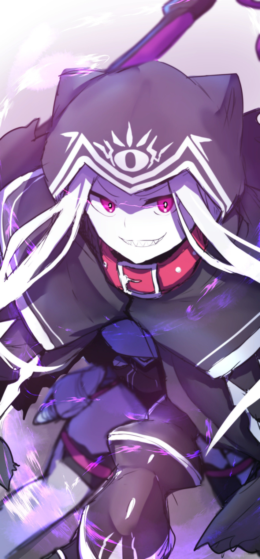 1girl absurdres animal_hood black_capelet black_leotard capelet collar commentary_request fate/grand_order fate_(series) glowing glowing_eyes grin highres hood hood_up hooded_capelet leotard long_hair looking_at_viewer medusa_(lancer)_(fate) purple_hair red_collar rider sharp_teeth silver_hair smile solo teeth very_long_hair wada_kazu