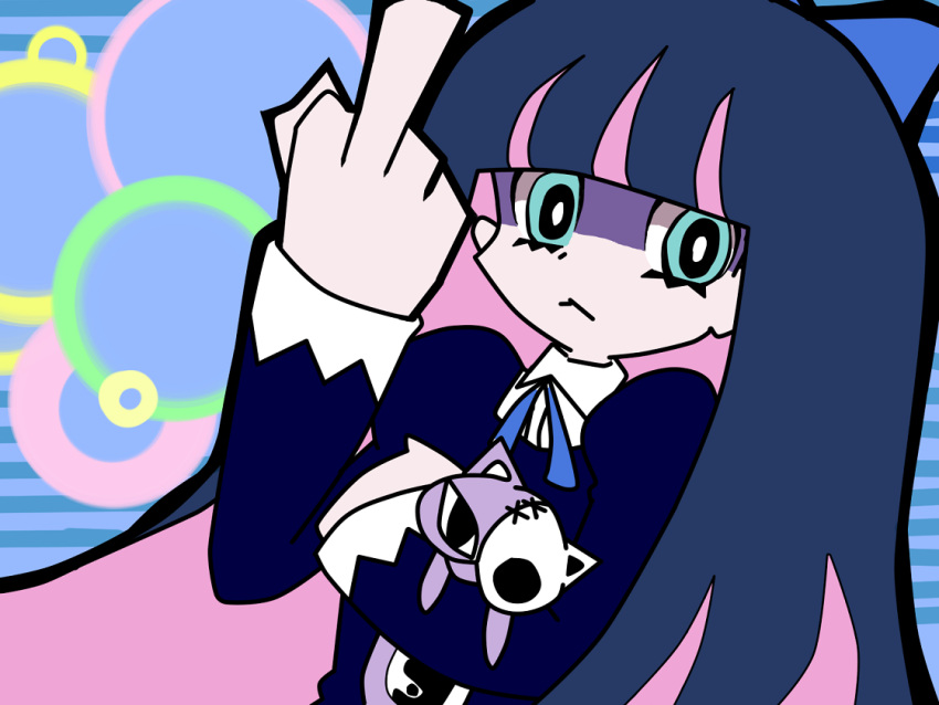 animal_ears artist_request bangs blue_background blue_dress blue_hair blunt_bangs bow cat_ears doll dress gothic hair_bow hand_up holding holding_doll honekoneko_(psg) long_hair long_sleeves looking_at_viewer middle_finger multicolored_hair panty_&amp;_stocking_with_garterbelt stocking_(psg)