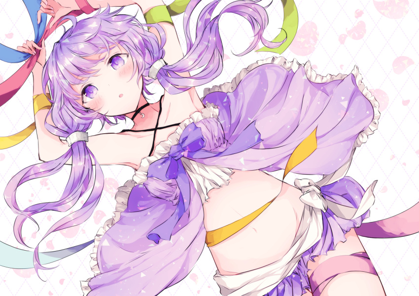 :o armpits arms_up bare_shoulders blush commentary commentary_request groin highres holding holding_ribbon jewelry long_hair looking_at_viewer navel necklace purple_babydoll ribbon ribbon_trim sotsunaku stomach twintails violet_eyes vocaloid voiceroid yuzuki_yukari