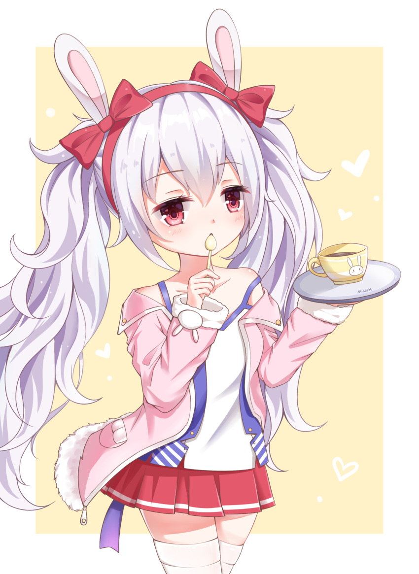 1girl absurdres animal_ears artist_name azur_lane bangs bow cowboy_shot cup fur-trimmed_jacket fur_trim hair_bow hairband heart highres holding holding_plate jacket laffey_(azur_lane) long_hair miaorh pink_jacket plate pleated_skirt rabbit_ears red_bow red_eyes red_skirt silver_hair skirt solo spoon teacup thigh-highs twintails yellow_background