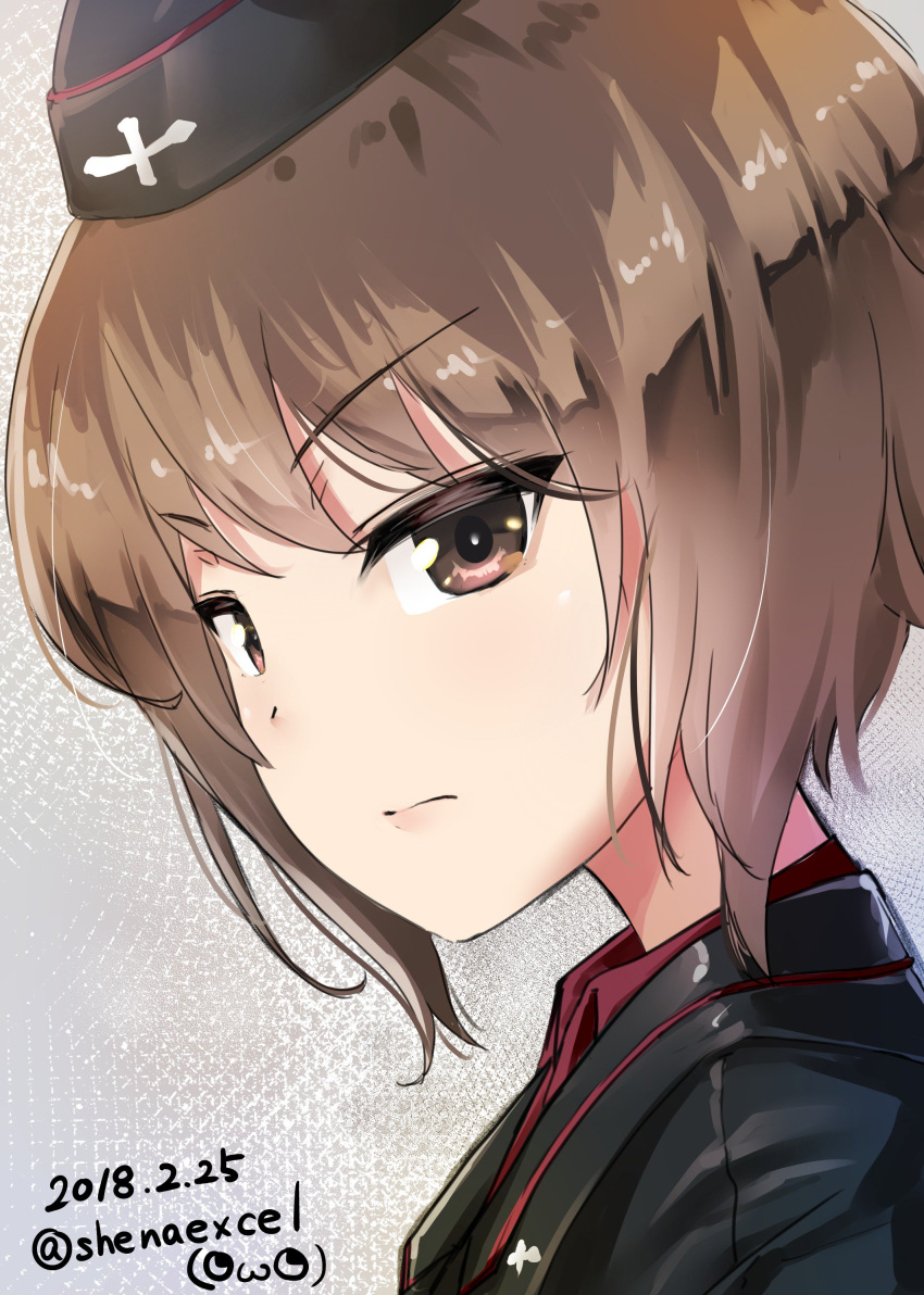 1girl absurdres bangs black_hat black_jacket brown_eyes brown_hair closed_mouth commentary_request dated dress_shirt excel_(shena) eyebrows_visible_through_hair from_side garrison_cap girls_und_panzer hat highres jacket kuromorimine_military_uniform light_frown looking_at_viewer military military_hat military_uniform nishizumi_maho portrait red_shirt shirt short_hair signature solo twitter_username uniform