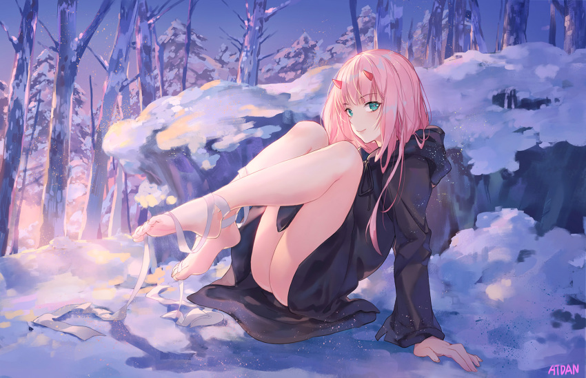 1girl aqua_eyes artist_name ass atdan bandage bangs bare_legs barefoot blush bottomless coat commentary darling_in_the_franxx day eyebrows_visible_through_hair feet hood horns legs_up long_hair long_sleeves looking_at_viewer outdoors pink_hair sitting sky smile snow solo straight_hair tree winter winter_clothes zero_two_(darling_in_the_franxx)