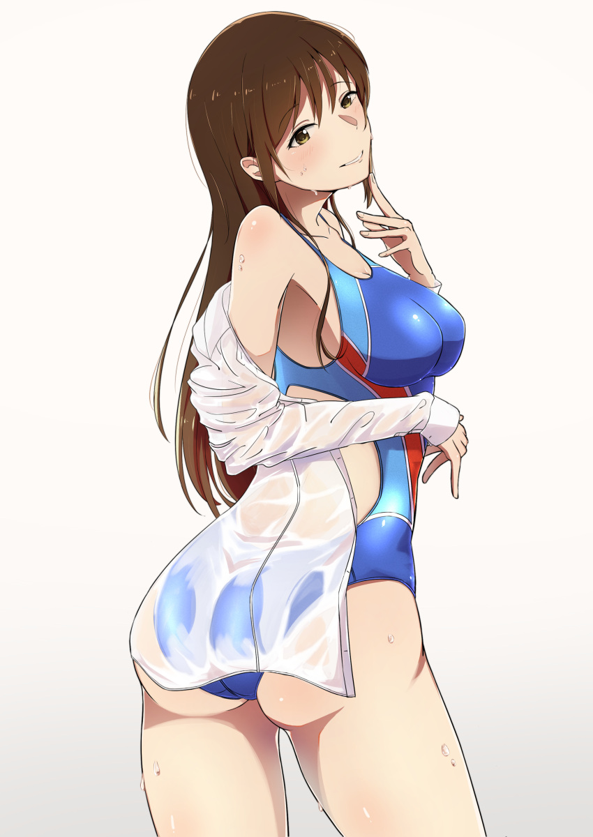 1girl absurdres ass bangs blue_swimsuit blush breasts brown_eyes brown_hair competition_swimsuit dress_shirt eyebrows_visible_through_hair finger_to_chin highres idolmaster idolmaster_cinderella_girls kasoku_souchi large_breasts long_hair looking_at_viewer looking_back nitta_minami one-piece_swimsuit open_clothes open_shirt shirt simple_background smile solo swimsuit thighs wet wet_clothes wet_shirt white_background