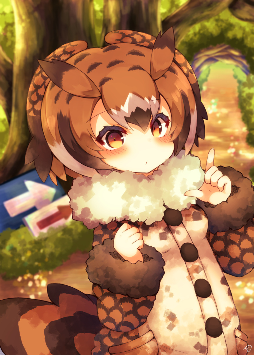 1girl :&lt; bird_tail black_hair blush brown_coat brown_eyes brown_hair closed_mouth coat directional_arrow eurasian_eagle_owl_(kemono_friends) fingernails fur-trimmed_sleeves fur_trim head_wings highres index_finger_raised kemono_friends long_sleeves looking_at_viewer multicolored_hair muuran outdoors pocket sign signature solo sunset white_hair