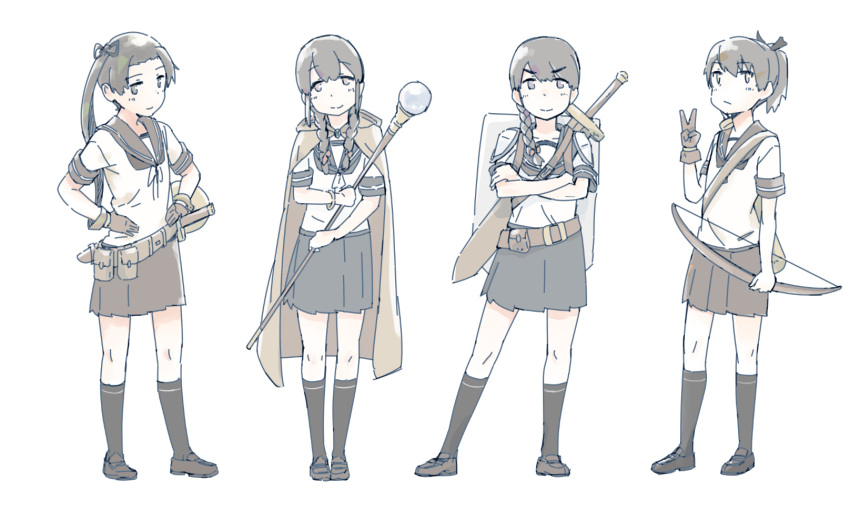 &gt;:) 4girls ayanami_(kantai_collection) belt bow_(weapon) braid brown_gloves brown_hair cape crossed_arms full_body gloves hands_on_hips highres isonami_(kantai_collection) kantai_collection long_hair looking_at_viewer multiple_girls pouch school_uniform serafuku sheath sheathed shield shikinami_(kantai_collection) shoulder_pads side_ponytail smile staff standing sword sword_behind_back twin_braids uranami_(kantai_collection) v wachi_(hati1186) weapon