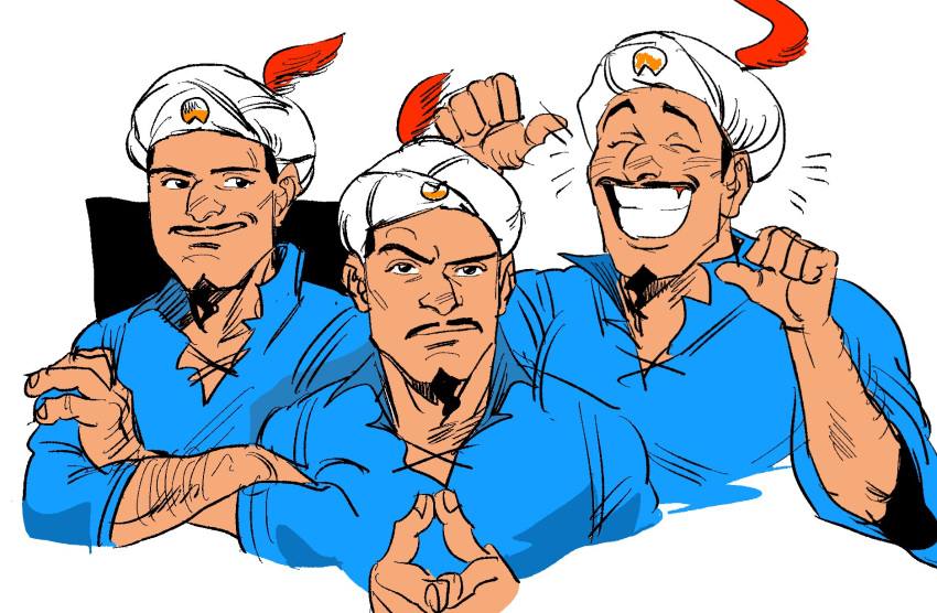 1boy akinator akinator_(site) arm_hair beard black_hair expressions facial_hair genie grin highres male_focus pointing pointing_at_self simple_background smile turban white_background