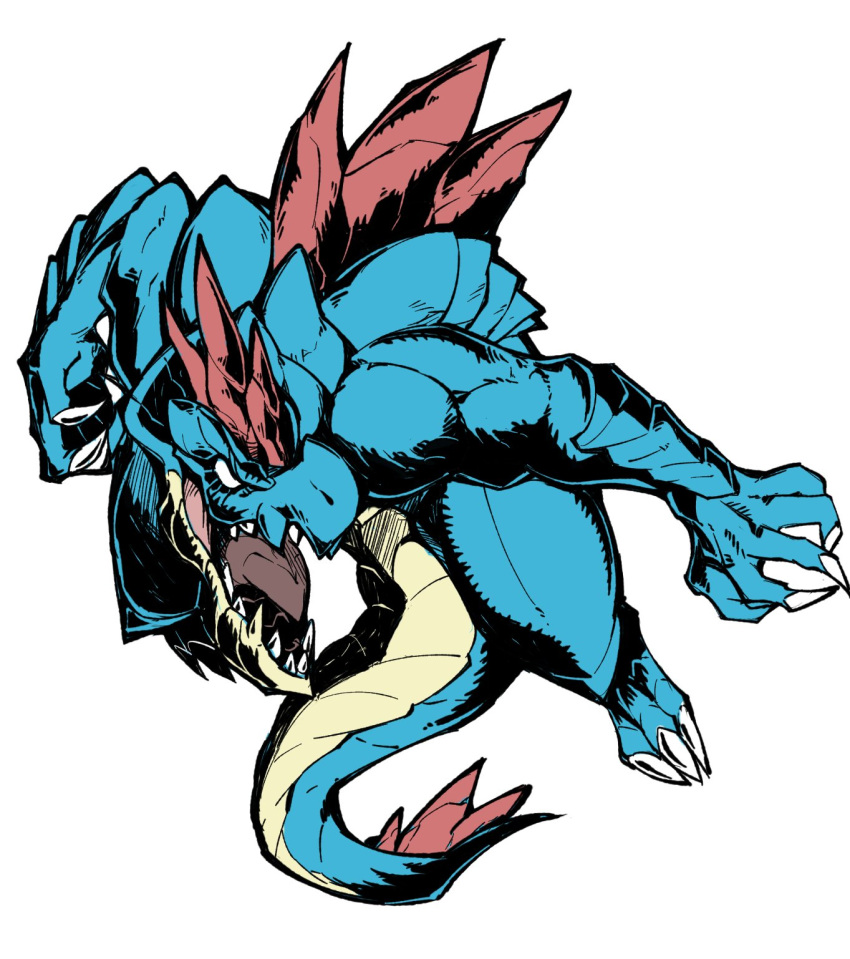 claws commentary_request feraligatr fukurou_(owl222) full_body gen_3_pokemon highres no_humans no_pupils pokemon pokemon_(creature) sharp_teeth simple_background solo spikes teeth white_background