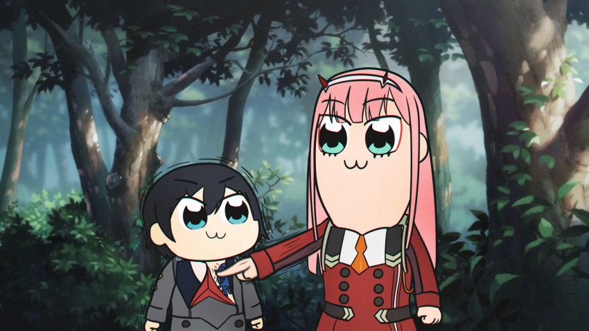 1boy 1girl :3 bkub_(style) black_hair blue_eyes darling_in_the_franxx day eye_contact eyebrows_visible_through_hair eyeshadow forest grey_jacket hairband highres hiro_(darling_in_the_franxx) jacket long_hair long_sleeves looking_at_another makeup murasaki_saki nature outdoors pink_hair pipimi poptepipic popuko red_jacket spoilers tree zero_two_(darling_in_the_franxx)