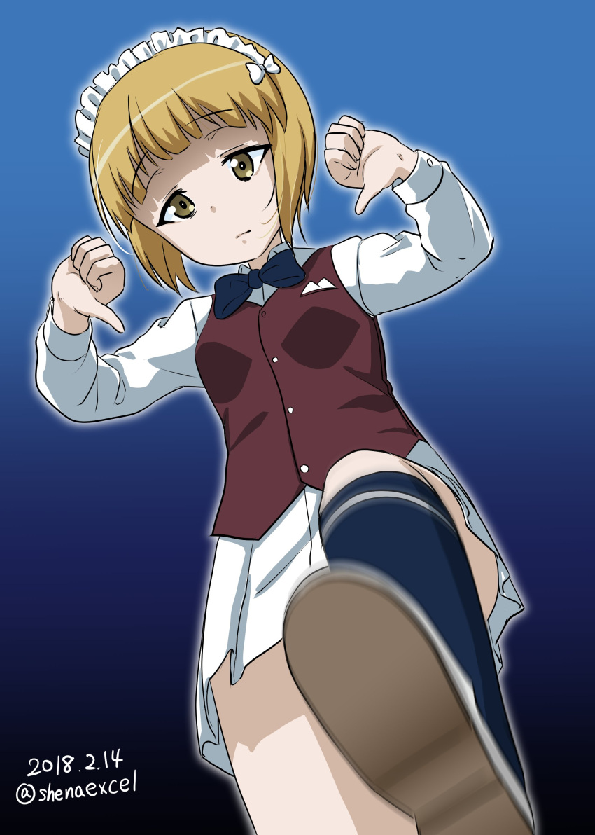 1girl absurdres bangs black_legwear black_neckwear blonde_hair blue_background blurry blurry_foreground bow bowtie brown_vest closed_mouth commentary_request cutlass_(girls_und_panzer) dated depth_of_field double_thumbs_down dress_shirt excel_(shena) eyebrows_visible_through_hair foreshortening from_below girls_und_panzer gradient gradient_background handkerchief highres kneehighs light_frown loafers long_sleeves looking_at_viewer maid_headdress miniskirt pleated_skirt pov print_legwear shirt shoes short_hair skirt solo standing thumbs_down twitter_username vest white_footwear white_shirt white_skirt wing_collar yellow_eyes