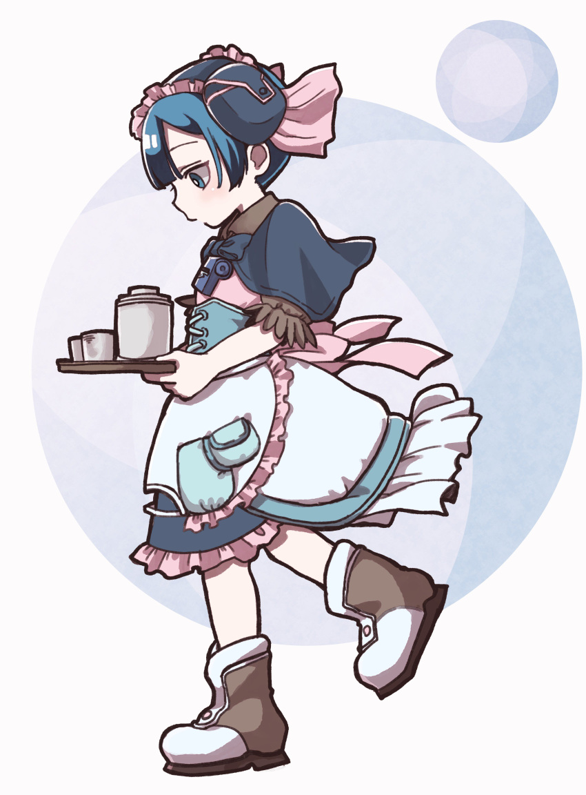 1boy absurdres apron blue_eyes blue_hair boots capelet commentary_request cup dress from_side hairband highres holding looking_down made_in_abyss maid male_focus maruruk pouch puffy_short_sleeves puffy_sleeves short_sleeves solo standing standing_on_one_leg trap tray usuki_(usukine1go) walking