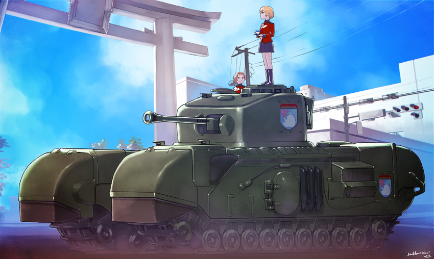 2girls artist_name bangs black_footwear black_skirt blonde_hair boots braid churchill_(tank) clouds cloudy_sky commentary_request cup darjeeling day emblem epaulettes girls_und_panzer ground_vehicle holding jack_hamster jacket long_sleeves looking_at_another looking_to_the_side military military_uniform military_vehicle miniskirt motor_vehicle multiple_girls orange_hair orange_pekoe outdoors pleated_skirt red_jacket saucer short_hair signature skirt sky st._gloriana's_(emblem) st._gloriana's_military_uniform standing tank teacup telephone_pole tied_hair torii traffic_light twin_braids uniform
