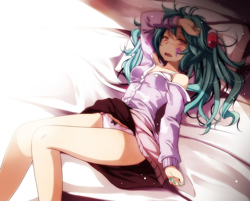 1girl aqua_hair aqua_nails arm_at_side arm_up bare_legs bare_shoulders bed_sheet blush bra breasts buttons cleavage day eyebrows_visible_through_hair facial_mark feet_out_of_frame hair_ornament hand_on_forehead hatsune_miku highres jacket knees_up long_hair long_sleeves looking_at_viewer lying medium_breasts messy_hair miniskirt nail_polish nose_blush off_shoulder on_back on_bed open_mouth panties pantyshot pantyshot_(lying) pillow pink_eyes pink_jacket pink_panties pink_skirt project_diva_(series) skirt slow_motion_(vocaloid) solo sunlight thighs tsukishiro_saika twintails underwear upskirt white_bra