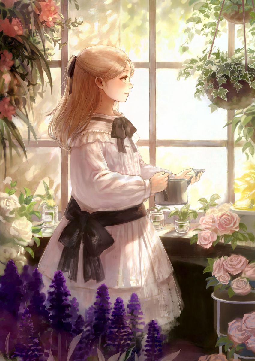 1girl absurdres black_neckwear black_ribbon blonde_hair bow bowtie closed_mouth dress flower hair_ribbon highres long_hair long_sleeves original pink_flower pink_rose plant potted_plant profile ribbon romiy rose smile standing watering_can white_dress window