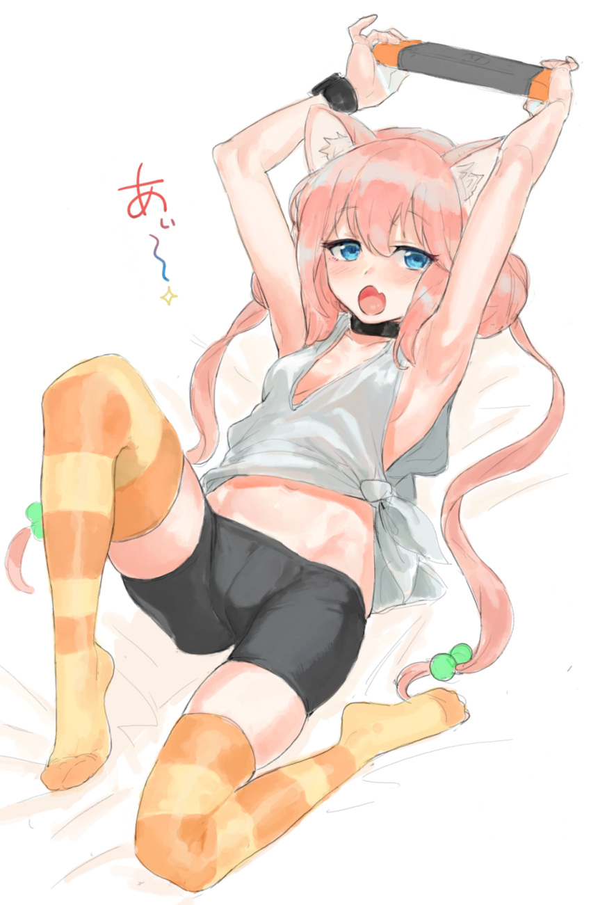 1girl animal_ears armpits bike_shorts blue_eyes blush breasts cat_ears cat_tail crotch_seam eyebrows_visible_through_hair fang hair_bobbles hair_ornament hands_up highres hinata_channel long_hair looking_at_viewer loose_shirt low-tied_long_hair low_twintails lying nekomiya_hinata nintendo_switch no_bra open_mouth orange_legwear pink_hair shirt simple_background small_breasts solo striped striped_legwear suisogenshi tail thigh-highs twintails very_long_hair virtual_youtuber white_background white_shirt wristband