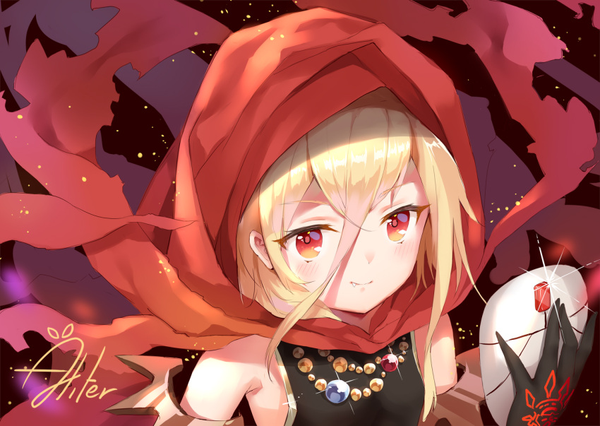 1girl aliter black_gloves blonde_hair evileye fang gloves hood jewelry mask mask_removed necklace overlord_(maruyama) red_eyes short_hair smile solo upper_body