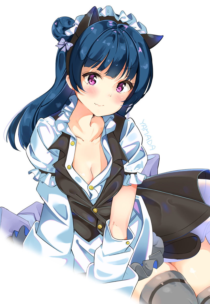 1girl absurdres animal_ears artist_name bangs black_vest blue_hair blush bow breasts cat_ears cleavage collarbone commentary_request detached_sleeves fake_animal_ears frilled_shirt_collar frilled_sleeves frills hair_bow highres long_hair looking_at_viewer love_live! love_live!_sunshine!! maid_headdress purple_bow side_bun simple_background solo tears thigh-highs tsushima_yoshiko vest violet_eyes wavy_mouth white_background yamada_328