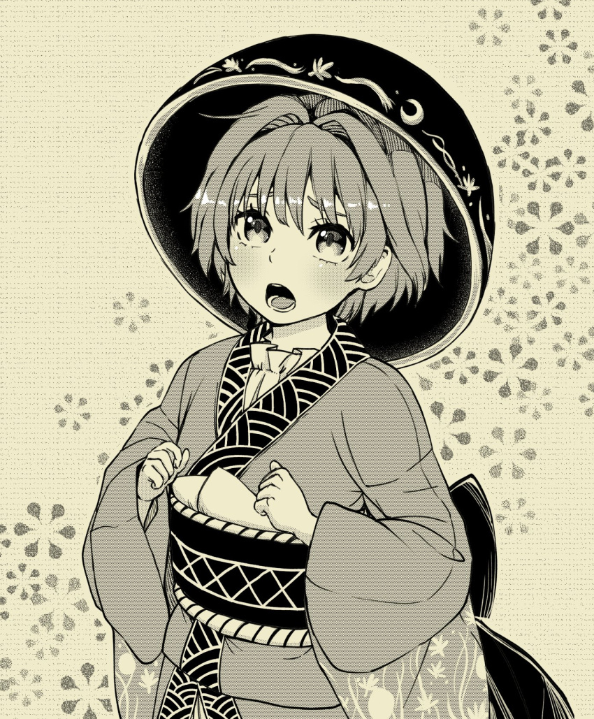 1girl bowl bowl_hat hair_intakes hat highres japanese_clothes kimono long_sleeves looking_up monochrome natsushiro obi object_on_head open_mouth sash solo sukuna_shinmyoumaru touhou wide_sleeves