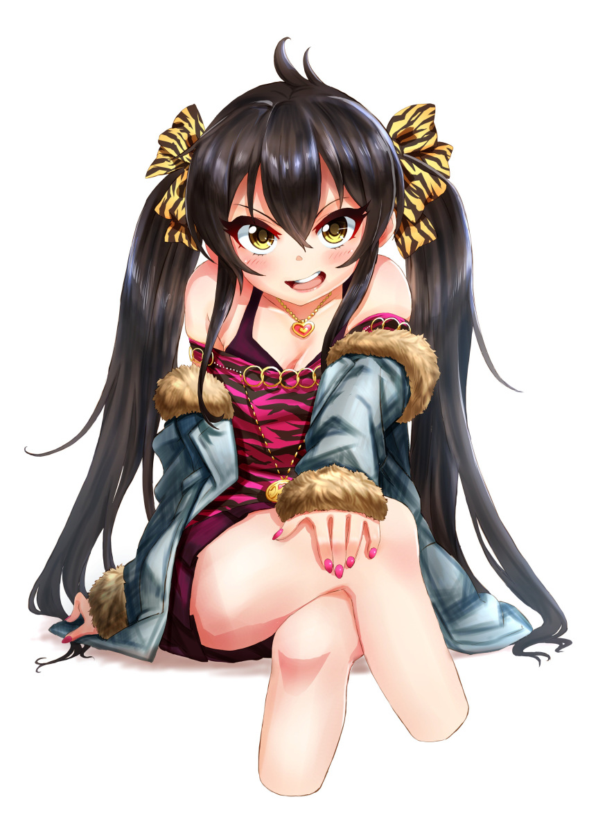 1girl absurdres animal_print bare_shoulders black_hair blush camisole chains coat commentary cropped_legs fur_trim gold_chain hair_between_eyes hair_ribbon heart heart_necklace highres idolmaster idolmaster_cinderella_girls jewelry legs_crossed leopard_print long_hair looking_at_viewer matoba_risa misairu nail_polish necklace off_shoulder open_mouth pendant pink_nails ribbon sidelocks simple_background sitting skirt smile solo strapless twintails white_background yellow_eyes