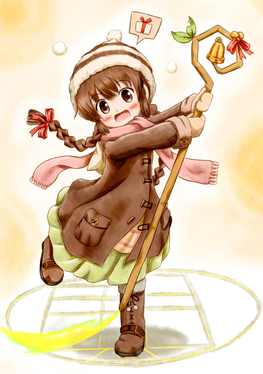 1girl :o absurdres bell blush bow braid brown_coat brown_footwear brown_hair buttons coat eyebrows_visible_through_hair full_body gift green_skirt highres kukuri long_hair looking_at_viewer magic_circle mahoujin_guruguru mittens pink_scarf pocket pom_pom_(clothes) red_bow scarf sidelocks simple_background skirt snowball solo speech_bubble staff standing standing_on_one_leg takaramono twin_braids winter_clothes