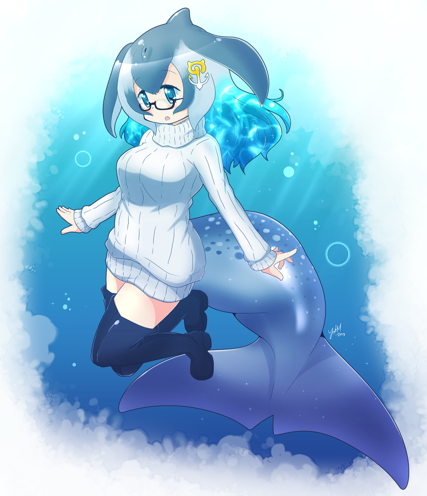 1girl anchor_hair_ornament aqua_hair blowhole blue_eyes blue_whale_(kemono_friends) boots bubble commentary_request dress eyebrows_visible_through_hair fins glasses grey_hair hair_ornament highres kemono_friends long_hair long_sleeves multicolored_hair solo sweater sweater_dress tail thigh-highs thigh_boots turtleneck underwater whale_tail yogurtm