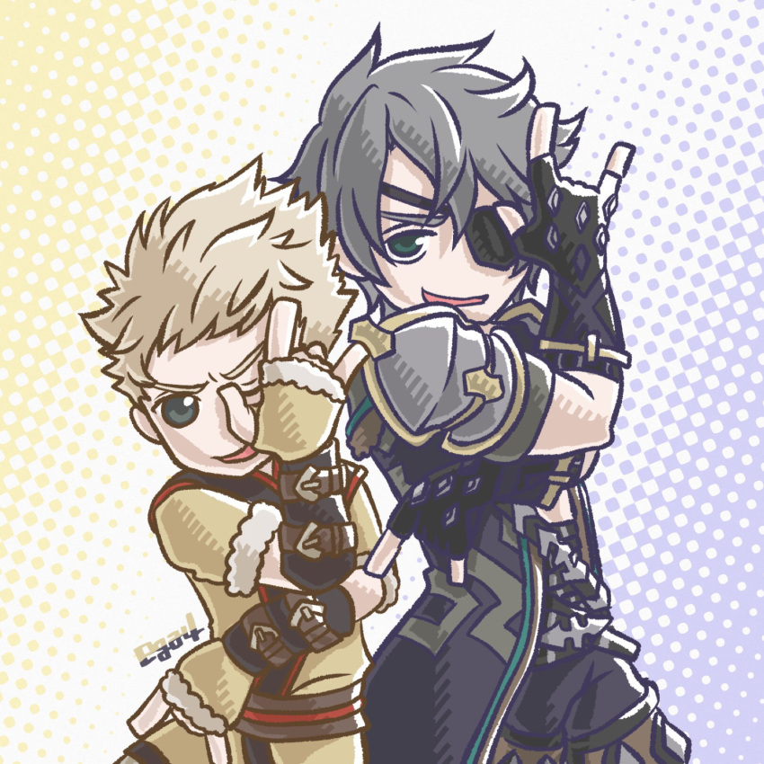 2boys armor blonde_hair blue_eyes chibi eudes_(fire_emblem) eyepatch fingerless_gloves fire_emblem fire_emblem:_kakusei gloves highres jacket male_focus multiple_boys pose short_hair sieg_b_goku_genbu silver_hair smile super_smash_bros. xenoblade_(series) xenoblade_2