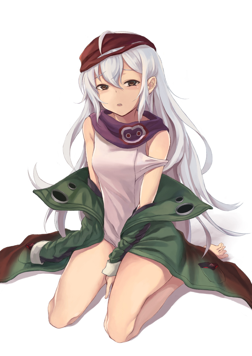 1girl :o absurdres ahoge arm_at_side bangs bare_legs between_legs blush brown_eyes coat eyebrows_visible_through_hair g11_(girls_frontline) girls_frontline green_coat hair_between_eyes half-closed_eyes hand_between_legs head_tilt highres liushi_e_shalou long_hair long_sleeves looking_at_viewer messy_hair off_shoulder open_clothes open_mouth scarf scarf_on_head shirt shorts shoulder_cutout sidelocks silver_hair simple_background sitting solo thighs very_long_hair wariza weapon white_background