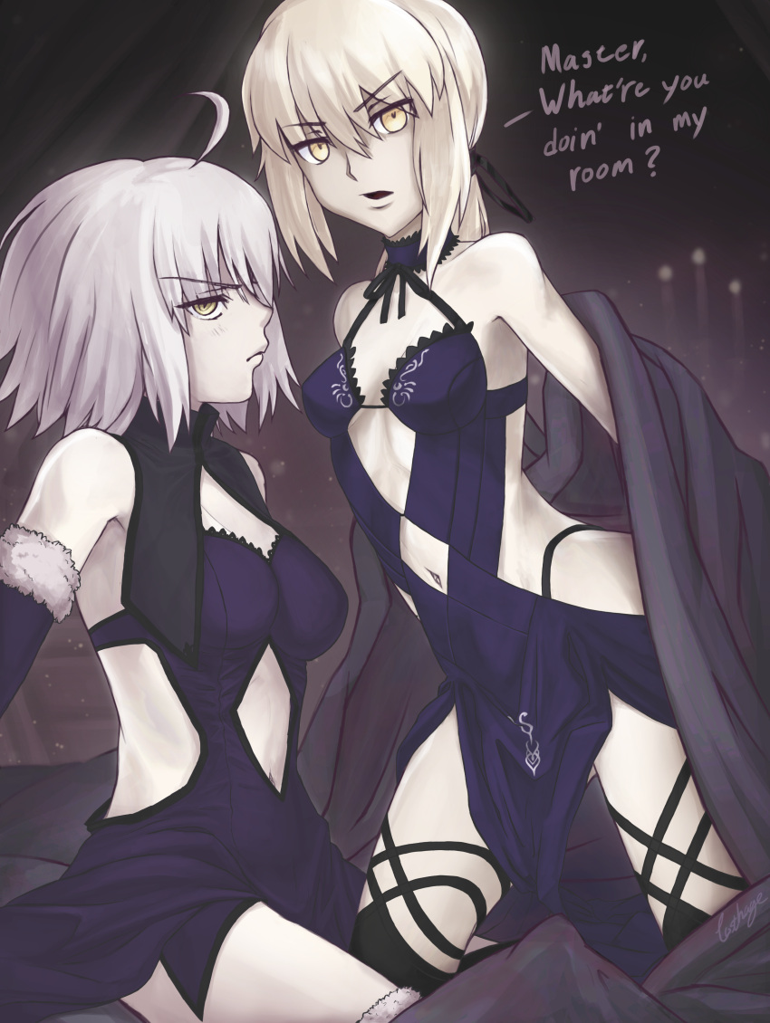 2girls absurdres artoria_pendragon_(all) bangs bare_shoulders blonde_hair breasts eyebrows_visible_through_hair fate/grand_order fate_(series) highres jeanne_d'arc_(alter)_(fate) jeanne_d'arc_(fate)_(all) large_breasts looking_at_viewer multiple_girls saber saber_alter small_breasts tagme thigh-highs tosthage yellow_eyes yuri
