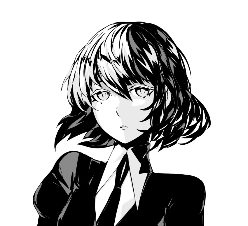 1other androgynous arsenixc diamond_(houseki_no_kuni) gem_uniform_(houseki_no_kuni) greyscale highres houseki_no_kuni monochrome parted_lips short_hair simple_background solo white_background