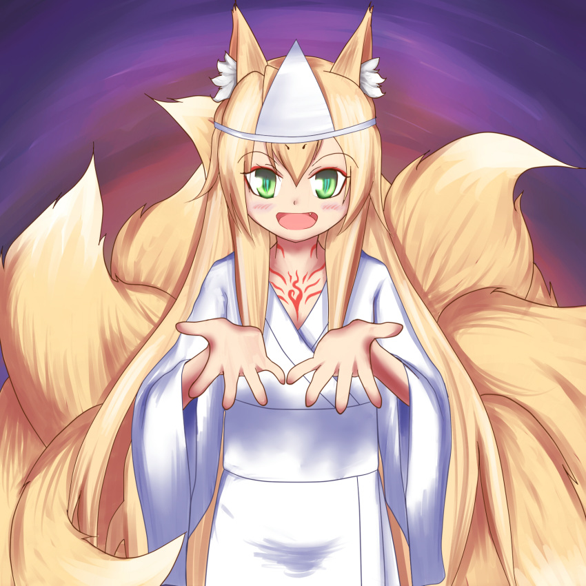 1girl :d alternate_costume animal_ears blonde_hair commentary_request fang fox_ears fox_tail green_eyes highres japanese_clothes kimono kitsune kyuubi long_hair looking_at_viewer mon-musu_quest! multiple_tails open_hands open_mouth ruinluin slit_pupils smile solo tail tamamo_(mon-musu_quest!) tattoo triangular_headpiece white_kimono