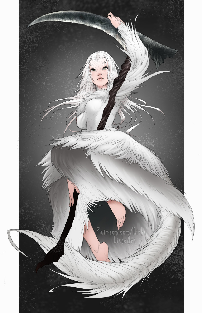 1girl absurdres barefoot breasts closed_mouth dark_souls dress hand_up highres holding holding_weapon huge_filesize liche_(wiggly_liche) long_hair looking_at_viewer medium_breasts patreon_username priscilla_the_crossbreed scythe solo souls_(from_software) tail weapon white_dress white_hair