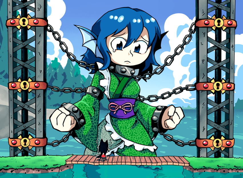 2girls black_hair blue_eyes blue_hair chains clenched_hands clouds commentary cuffs day english_commentary flying_sweatdrops forest giantess giga_mermaid green_kimono head_fins imaizumi_kagerou japanese_clothes kimono looking_down multiple_girls nature obi outdoors parody sad sash setz shantae_(series) tears touhou wakasagihime water_surface