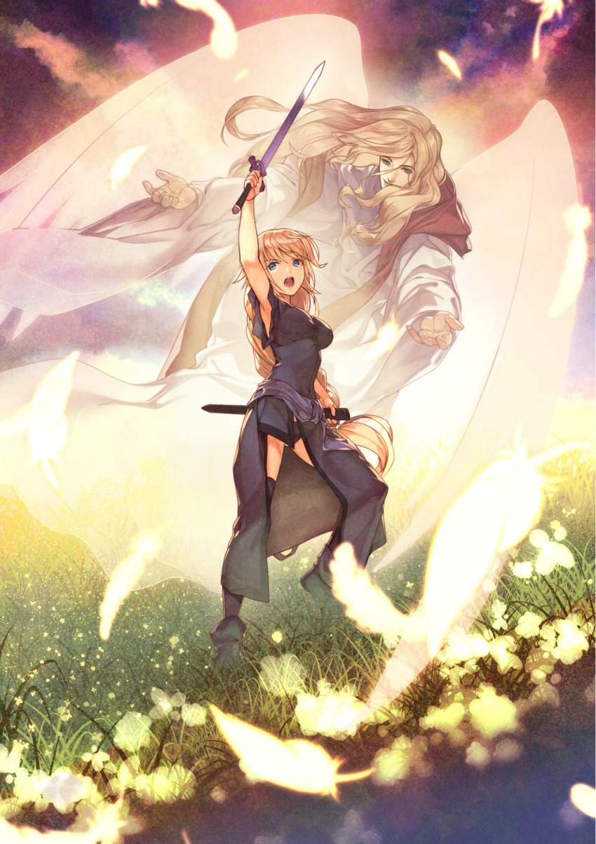 1boy 1girl akisa_(12023648) archangel_michael arm_up armpits black_dress black_footwear black_panties blonde_hair blue_eyes boots dress fate/apocrypha fate_(series) feathers floating_hair flower hair_between_eyes highres holding holding_sword holding_weapon jeanne_d'arc_(fate) jeanne_d'arc_(fate)_(all) long_hair open_mouth outdoors outstretched_arms panties ponytail sword thigh-highs thigh_boots underwear very_long_hair weapon white_wings wings