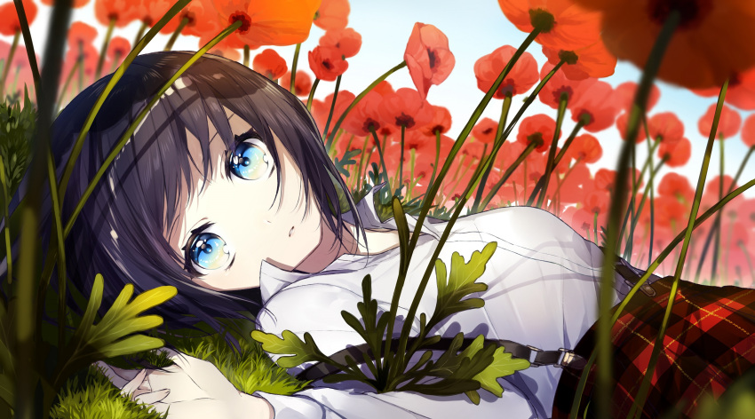 1girl bangs black_hair blue_eyes blue_sky collared_shirt commentary_request day dutch_angle eyebrows_visible_through_hair field flower flower_field grass highres long_sleeves looking_at_viewer looking_to_the_side lying on_back on_grass original outdoors parted_lips plaid plaid_skirt red_flower red_skirt revision shirt skirt sky sogawa solo suspender_skirt suspenders suspenders_slip white_shirt