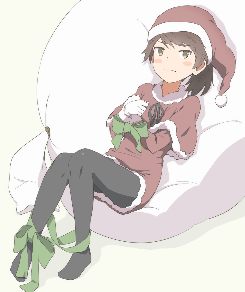 1girl absurdres alternate_costume black_legwear blush bound bound_wrists brown_eyes brown_hair capelet fur-trimmed_capelet gift_bag gloves hat highres kantai_collection looking_at_viewer pantyhose pom_pom_(clothes) ponytail santa_costume santa_hat shikinami_(kantai_collection) solo wachi_(hati1186) white_gloves