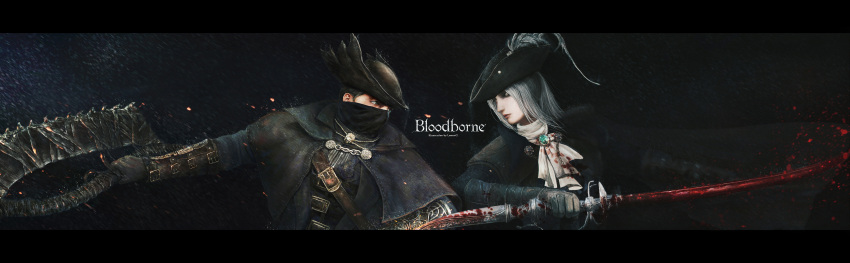 1boy absurdres artist_name belt black_hair blood bloodborne blue_eyes brown_cape brown_eyes cape capelet copyright_name covered_mouth cravat dark_background double-blade eye_contact fighting_stance from_side gem gloves hat highres holding holding_weapon hunter_(bloodborne) jacket lady_maria_of_the_astral_clocktower letterboxed looking_at_another murasaki_saki silver_hair sword the_old_hunters tricorne upper_body vambraces vest weapon white_legwear