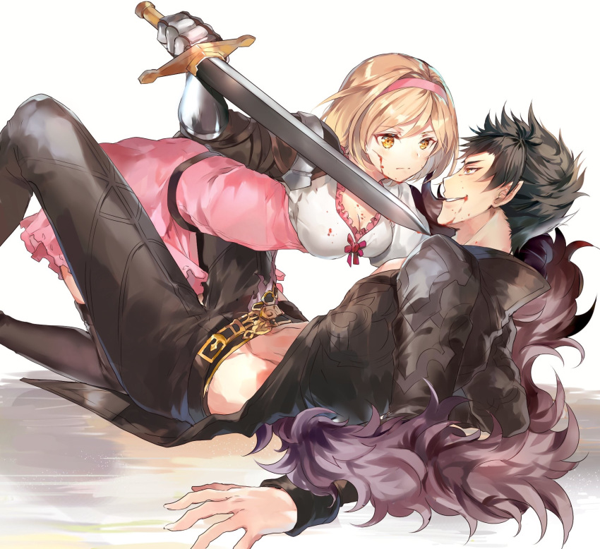 1boy 1girl all_fours belial_(granblue_fantasy) belt black_footwear black_hair black_pants black_shirt blonde_hair blood blood_on_face bloody_clothes boots breasts cleavage djeeta_(granblue_fantasy) dress eye_contact gauntlets girl_on_top granblue_fantasy grin hairband highres hinahino holding holding_sword holding_weapon looking_at_another lying medium_breasts midriff on_back pants pink_dress pink_hairband red_ribbon ribbon shirt short_dress short_hair simple_background smile spiky_hair stomach sword thigh-highs thigh_boots weapon white_background yellow_eyes