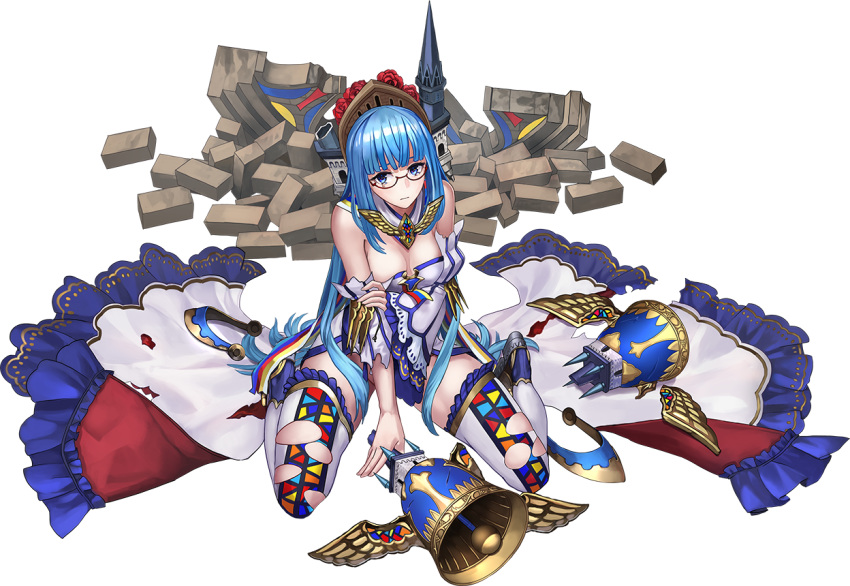 1girl artist_request bangs bare_shoulders bell between_legs blue_eyes blue_hair blunt_bangs boots breasts cleavage detached_sleeves dress flower full_body glasses hair_flower hair_ornament hand_between_legs holding_bell long_hair looking_at_viewer luxembourg_(oshiro_project) medium_breasts oshiro_project oshiro_project_re red-framed_eyewear rose semi-rimless_eyewear sitting solo spread_legs thigh-highs thigh_boots torn_clothes transparent_background