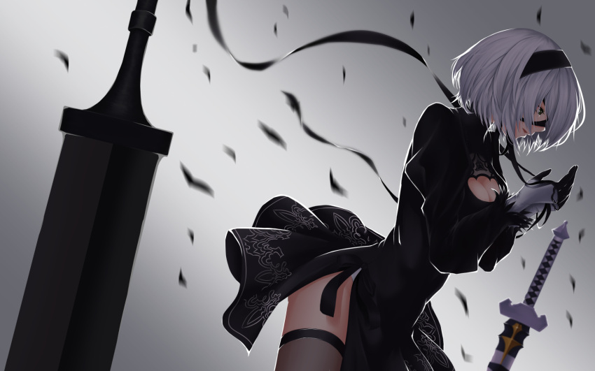 1girl android black_dress black_hairband blindfold blue_eyes cleavage_cutout covered_eyes dress feather-trimmed_sleeves from_side hairband highres juliet_sleeves leotard long_sleeves looking_at_hands looking_down nier_(series) nier_automata no_blindfold pink_lips puffy_sleeves scal2let silver_hair sword thigh-highs thighhighs_under_boots vambraces weapon white_leotard yorha_no._2_type_b