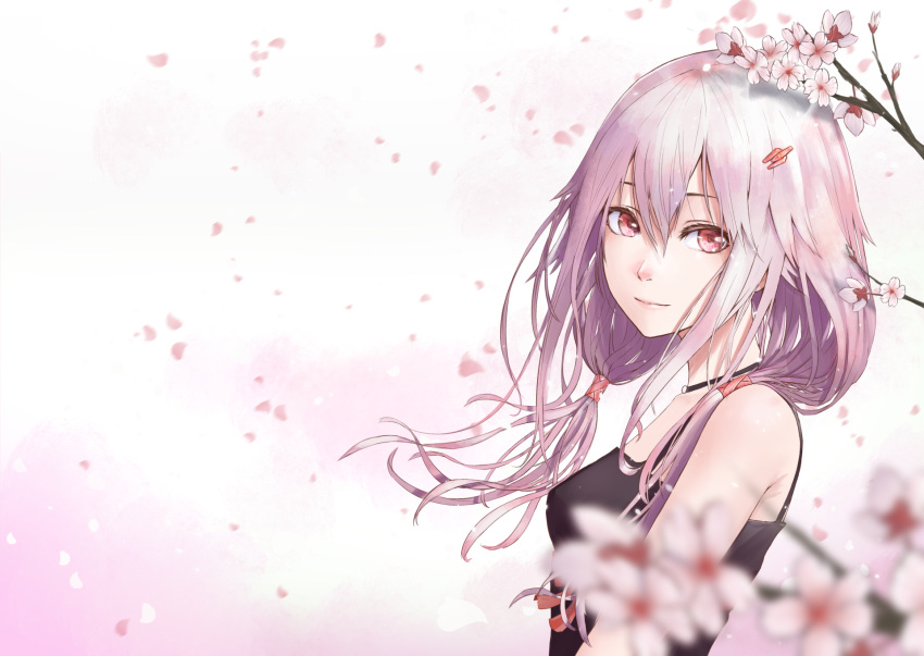 1girl bare_shoulders cherry_blossoms fattybot flower guilty_crown hair_ornament hairclip highres long_hair looking_at_viewer petals pink_hair red_eyes smile solo twintails yuzuriha_inori