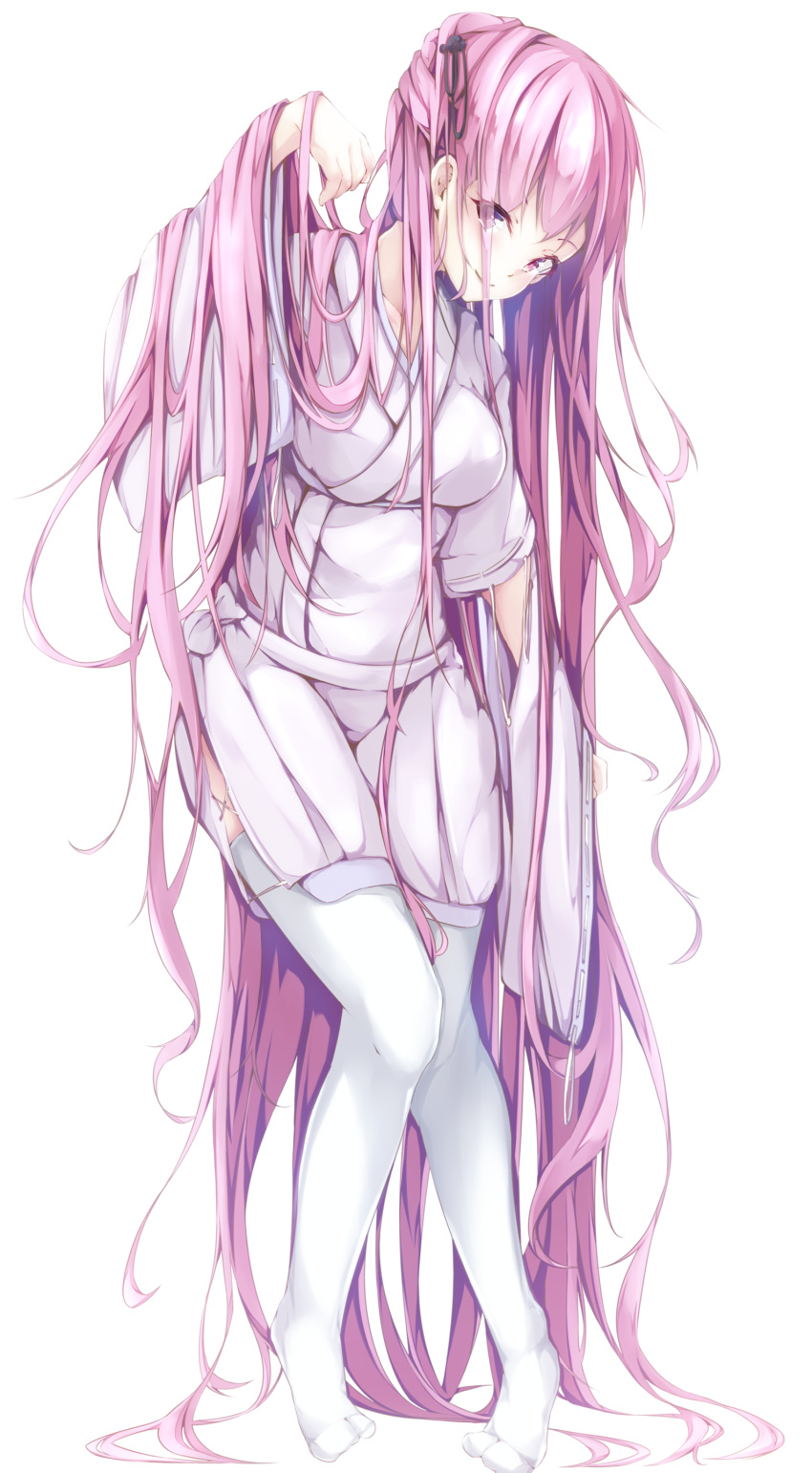 1girl absurdres breasts cherry_blossoms commentary_request cucchiore full_body hair_ribbon highres long_hair medium_breasts original pink_eyes pink_hair ribbon smile solo standing thigh-highs very_long_hair white_legwear