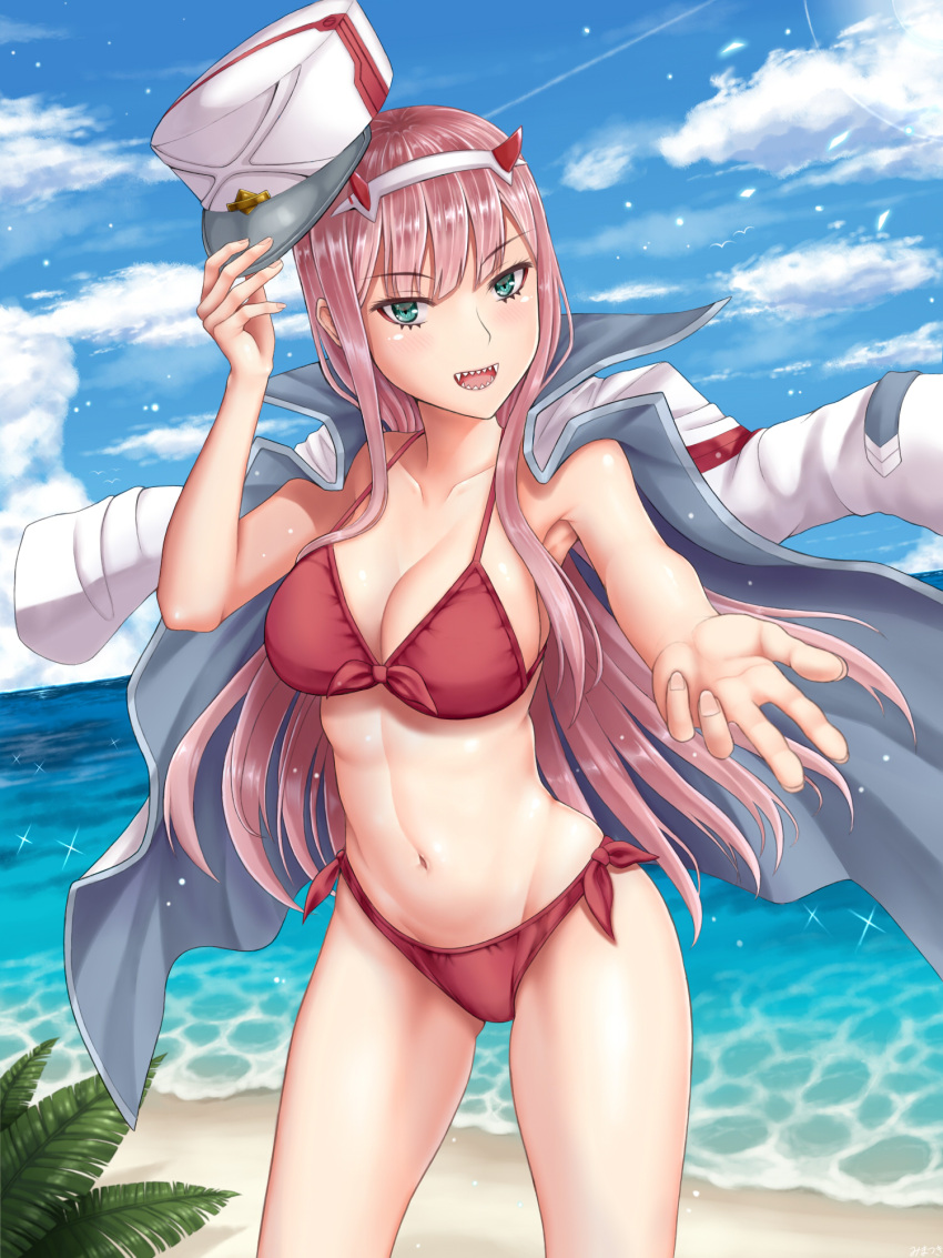1girl 2 bangs beach bikini blue_sky breasts cleavage clouds collarbone darling_in_the_franxx day eyebrows_visible_through_hair hairband hat highres holding holding_hat horizon horns jacket_on_shoulders large_breasts long_hair looking_at_viewer mimatsuki_(user_vrmu4552) navel ocean outstretched_arm pink_hair red_bikini shiny shiny_skin sky solo standing swimsuit white_coat white_hairband zero_two_(darling_in_the_franxx)