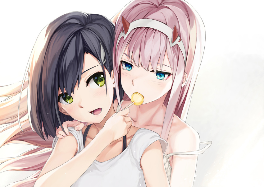 2girls 54cr aqua_eyes bangs black_hair blush candy collarbone darling_in_the_franxx feeding food green_eyes hair_ornament hairband hairclip horns ichigo_(darling_in_the_franxx) lollipop long_hair looking_at_another medium_hair multiple_girls off_shoulder open_mouth pink_hair straight_hair tank_top upper_body white_hairband yuri zero_two_(darling_in_the_franxx)