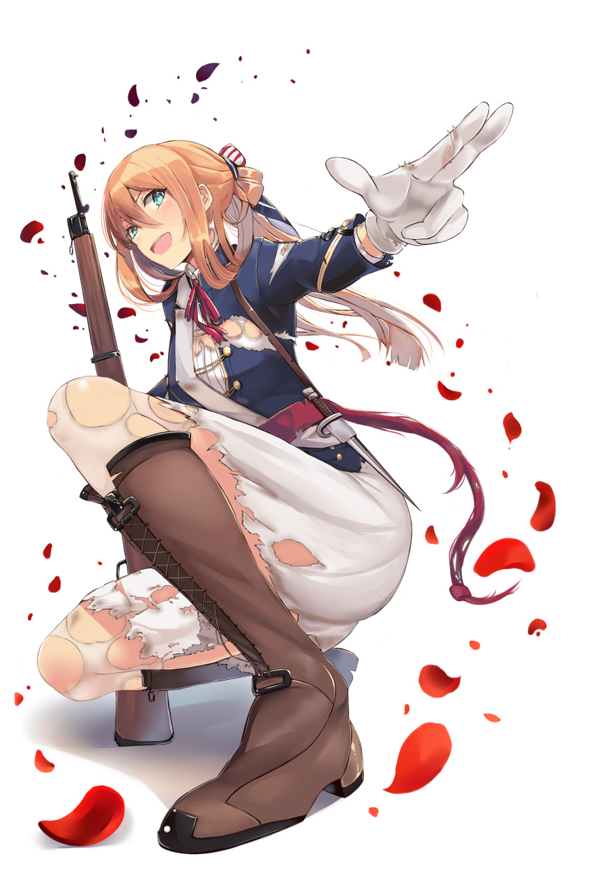1girl absurdres american_flag bangs blazer blush bolt_action boots breasts brown_footwear brown_hair buttons cross-laced_footwear dress eyebrows_visible_through_hair girls_frontline gloves green_eyes gun hair_between_eyes hair_ribbon hair_rings highres holding holding_weapon i.f.s.f jacket lace-up_boots large_breasts long_hair long_sleeves looking_at_viewer m1903_springfield m1903_springfield_(girls_frontline) neck_ribbon open_mouth petals pointing ponytail red_ribbon ribbon rifle sash shirt sidelocks simple_background smile solo squatting sword thigh-highs torn_clothes weapon white_background white_dress white_legwear wind